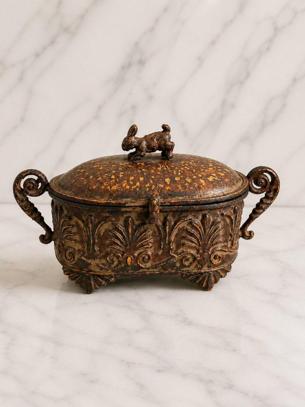 VTG Pier 1 Rustic Metal Rabbit Trinket Box Hinged Decorative Storage Container